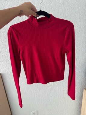 Ambiance Red Ribbed Mock-Neck Long Sleeve Top